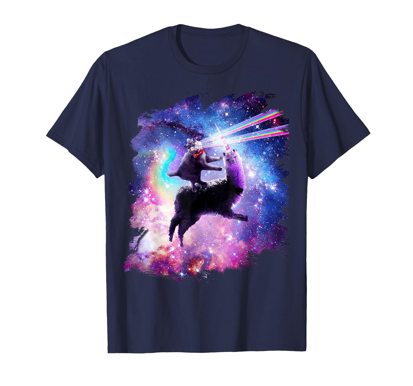 Laser Eyes Outer Space Cat Riding On Llama Unicorn T-Shirt