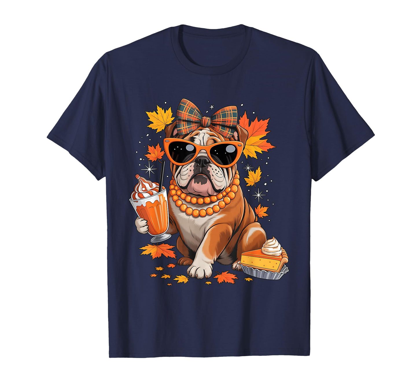English Bulldog Bow Girls Fall Autumn Leaves Thanksgiving T-Shirt