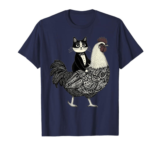 Funny Tuxedo Cat Riding Chicken Men Women Girls Kids T-Shirt