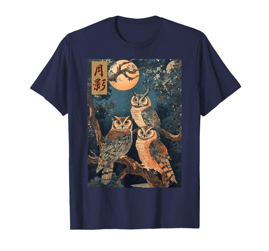 Night Owls Forest Trees Japanese Woodblock Painting Wildlife T-Shirt
