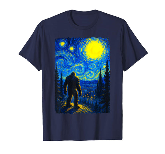 Bigfoot Starry Night Sasquatch Van Gogh Sky Painting Art T-Shirt