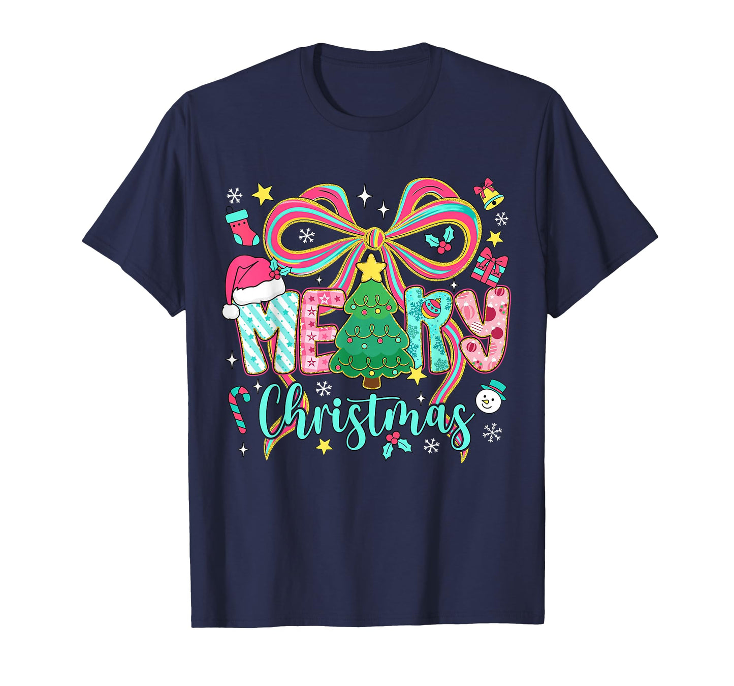 Preppy Merry Christmas Coquette Bow Pink Christmas Tree Girl T-Shirt