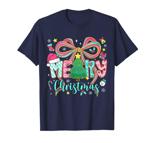 Preppy Merry Christmas Coquette Bow Pink Christmas Tree Girl T-Shirt