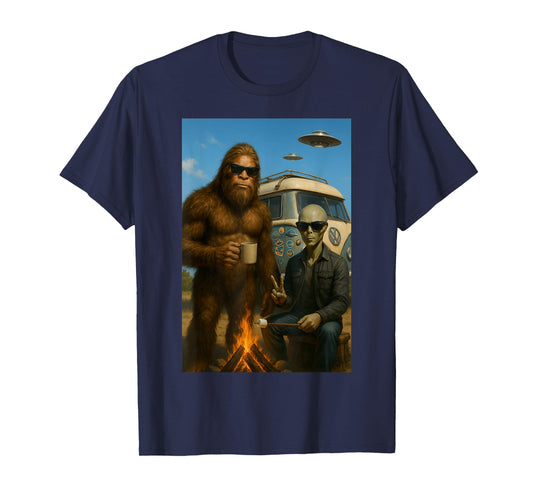 Bigfoot and Alien Camping with UFO T-Shirt