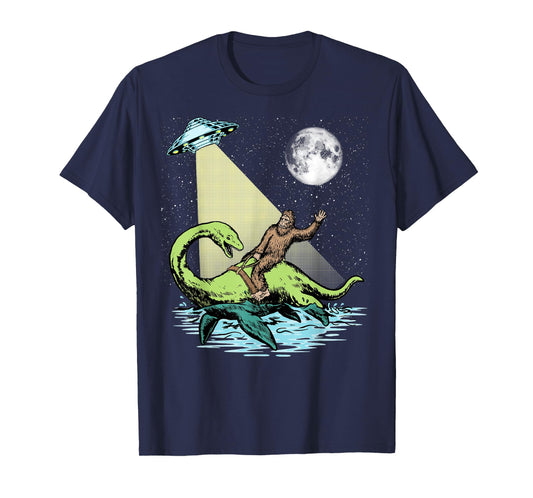 Bigfoot Riding Nessie & UFO Aliens At Night Funny Retro T-Shirt