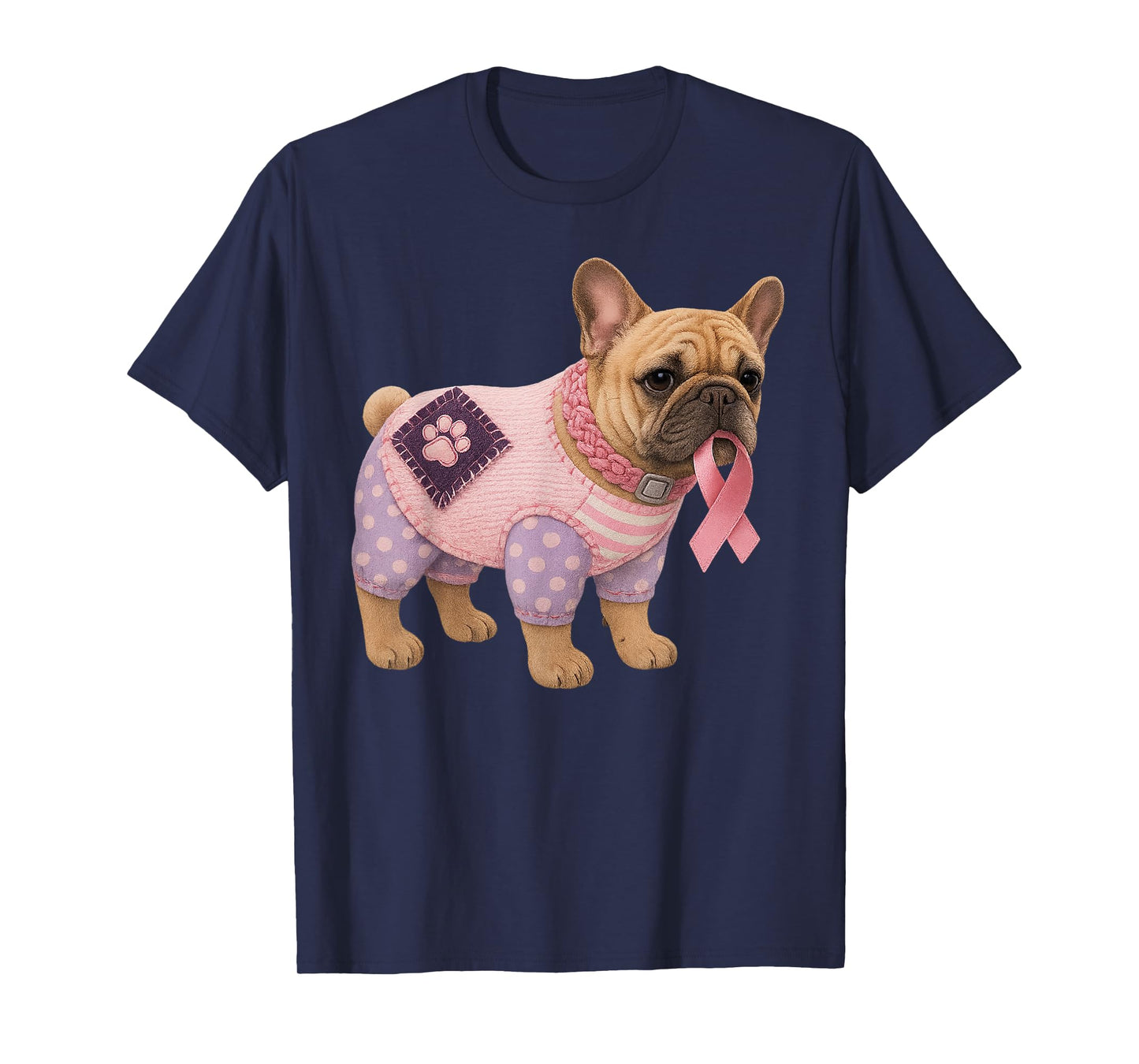 French Bulldog Pink Ribbon Breast Cancer Pattern Felt Art T-Shirt
