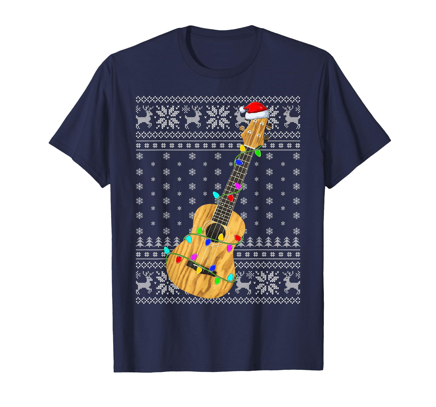 Ugly Sweater Xmas Lights Santa Hat Musical Ukulele Christmas T-Shirt