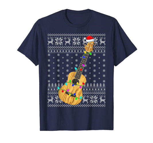 Ugly Sweater Xmas Lights Santa Hat Musical Ukulele Christmas T-Shirt