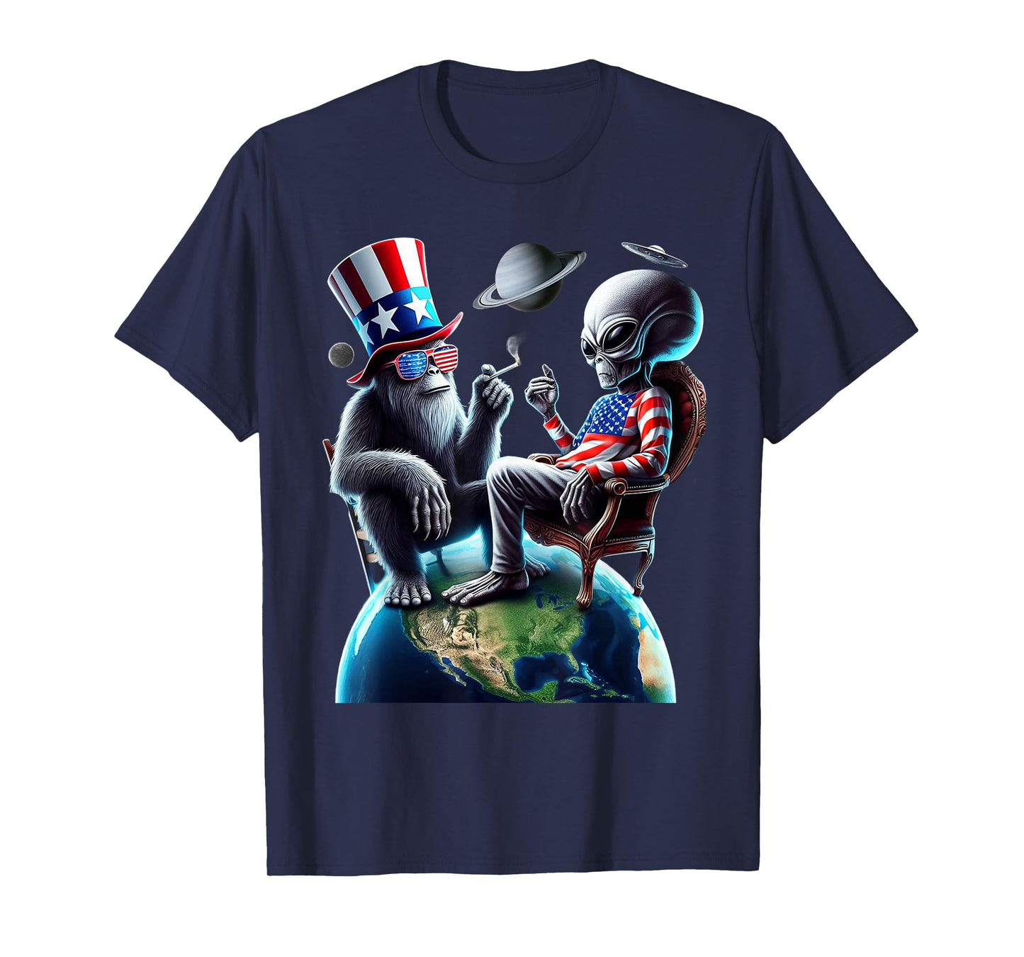 Patriotic Bigfoot Sasquatch Alien Space UFO 4th Of July T-Shirt