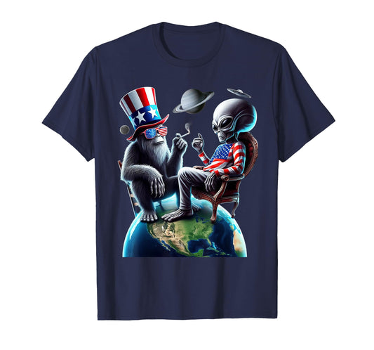 Patriotic Bigfoot Sasquatch Alien Space UFO 4th Of July T-Shirt