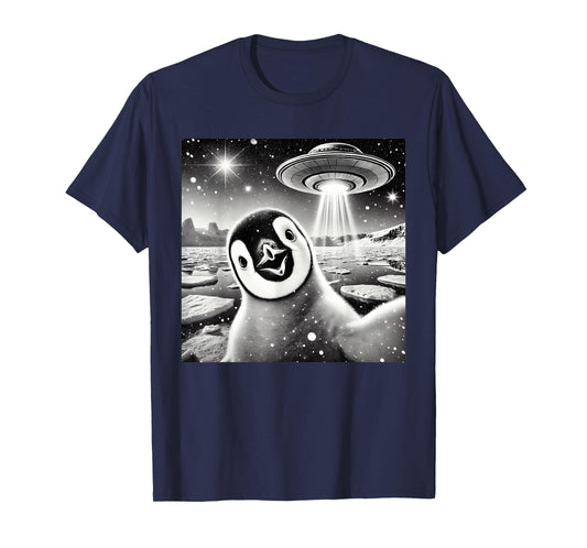 Funny Penguin Selfie UFO Graphic T-Shirt