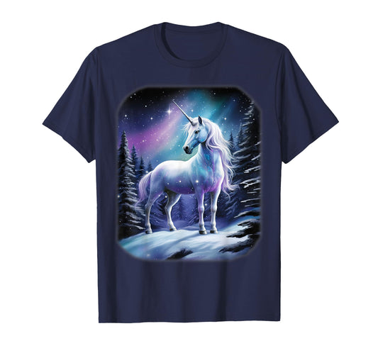 Fantasy white Unicorn standing in the snowy forest T-Shirt