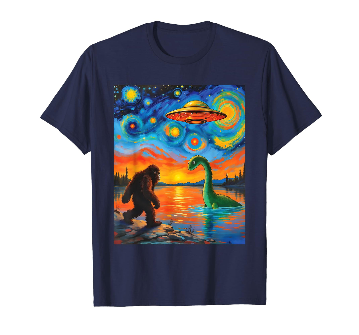Bigfoot UFO Alien Encounter Van Gogh Starry Night Mystery T-Shirt
