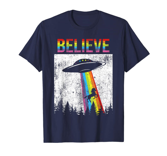 Believe Unicorn UFO LGBT Rainbow Flag Gay Pride Month Ally T-Shirt