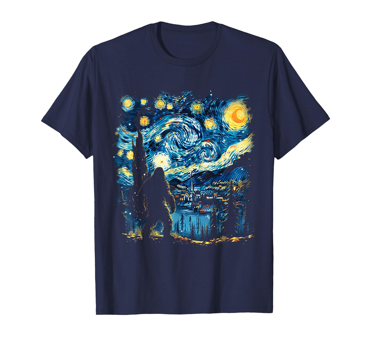 Funny Bigfoot Starry Night Sasquatch Van Gogh Sky Painting T-Shirt