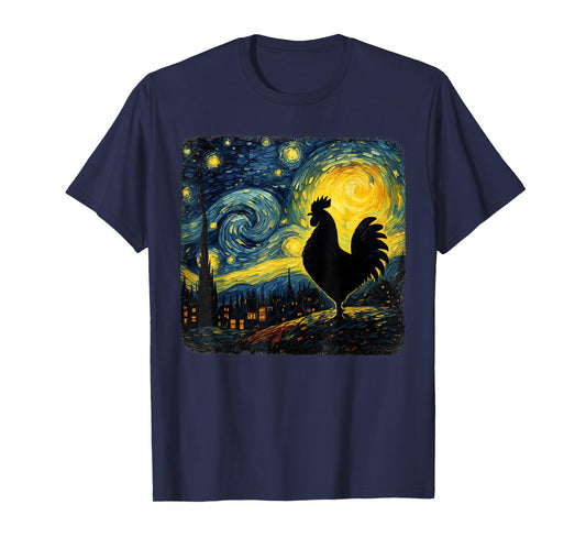 Starry Night Van Gogh Farmer Chicken Rooster Funny Graphic T-Shirt