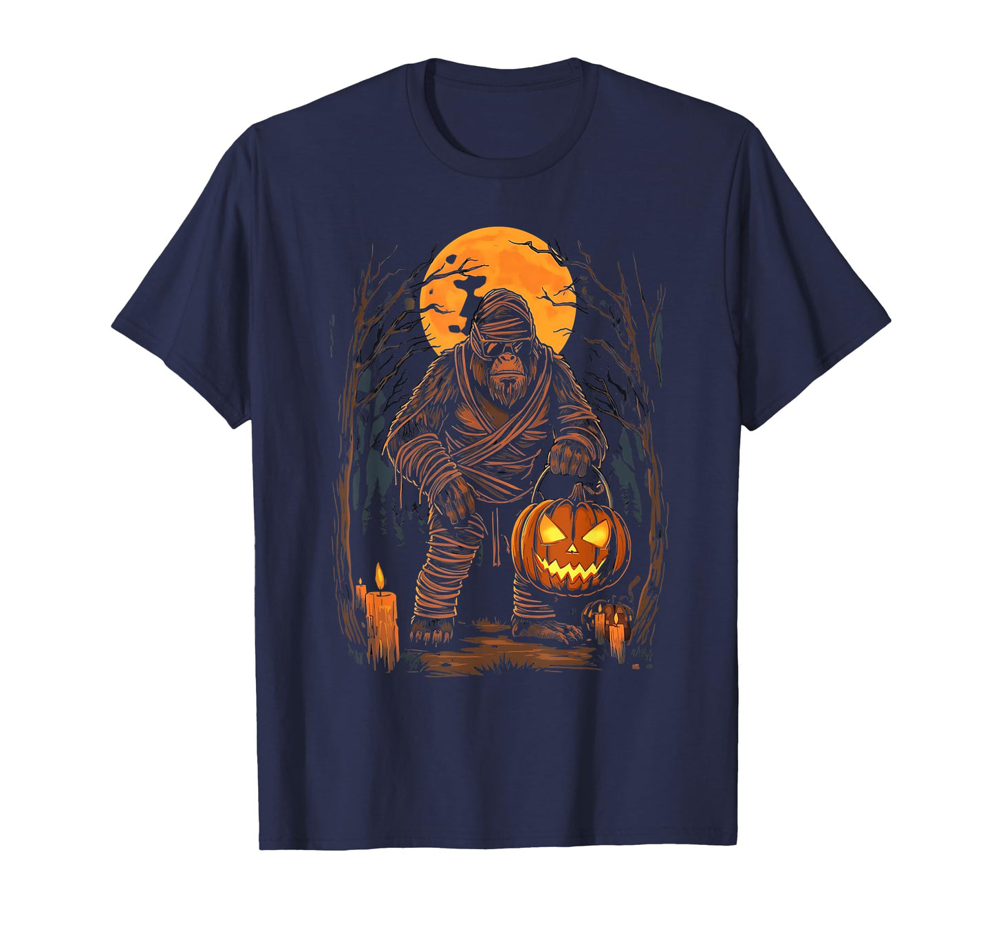 Mummy Bigfoot Holding Pumpkin Halloween Costume Fun T-Shirt