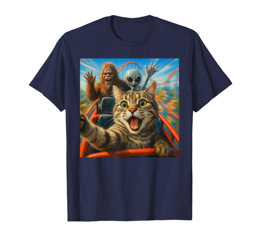 Funny Cat Selfie with Big Foot & Alien Roller Coaster Meme T-Shirt