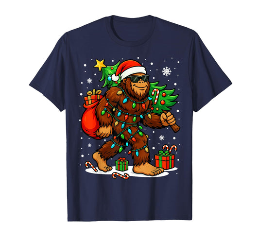 Santa Bigfoot Christmas Tree Xmas Lights Funny Sasquatch T-Shirt