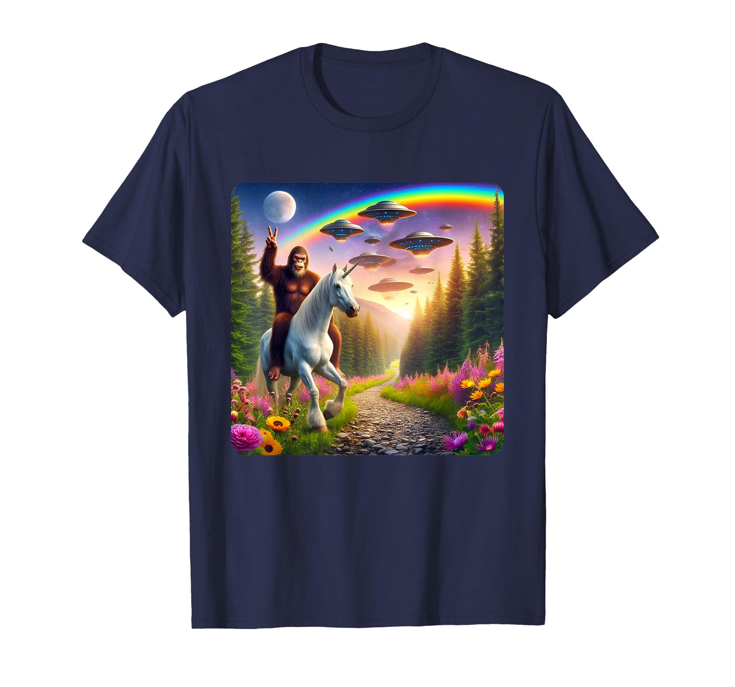 Bigfoot Riding Unicorn Funny Bigfoot Unicorn Selfie UFO T-Shirt