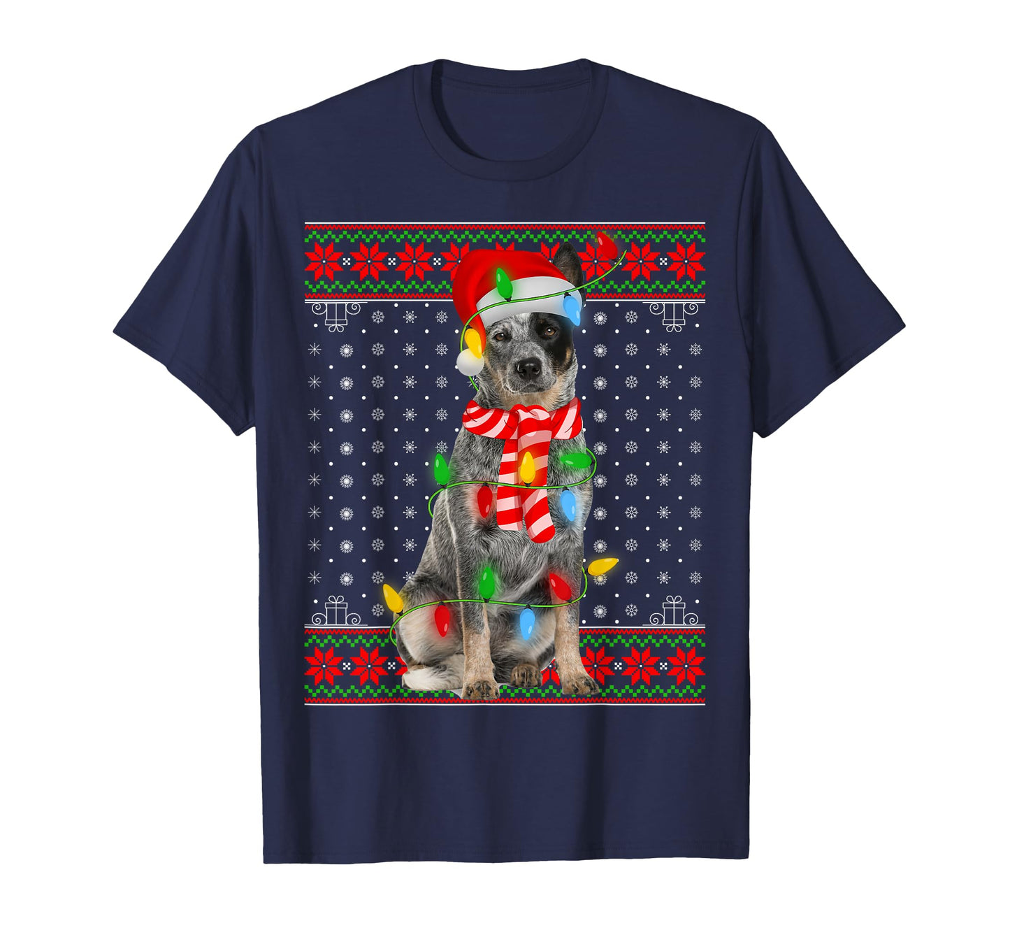 Ugly Xmas Dog Lights Santa Hat Blue Heeler Dog Christmas Men Women Girls Kids T-Shirt