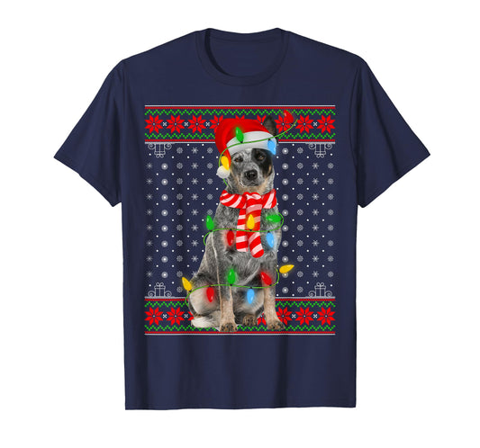 Ugly Xmas Dog Lights Santa Hat Blue Heeler Dog Christmas Men Women Girls Kids T-Shirt
