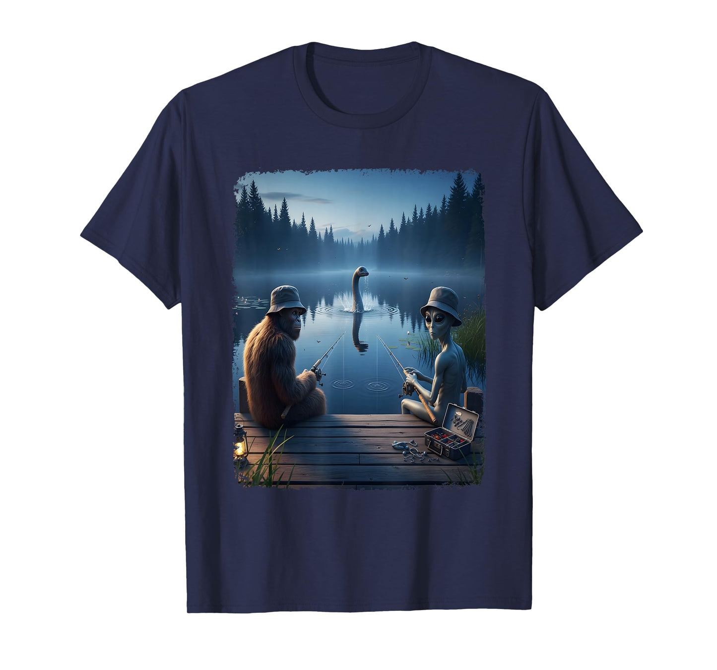 Funny Cryptid Fishing Loch Ness Selfie Top Alien Bigfoot T-Shirt