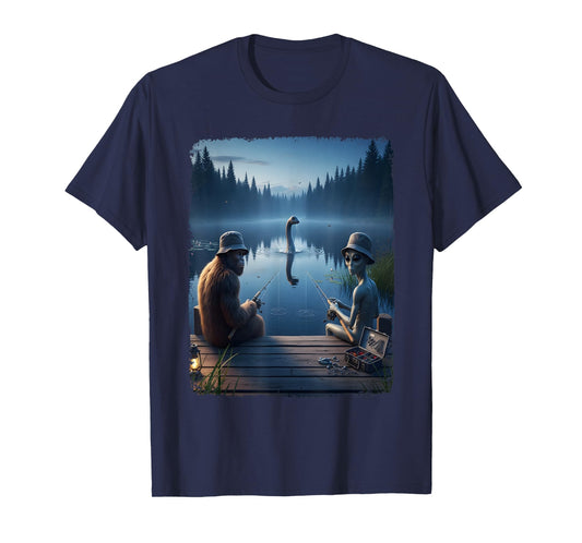 Funny Cryptid Fishing Loch Ness Selfie Top Alien Bigfoot T-Shirt