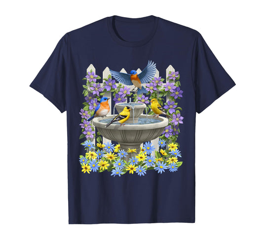 Bluebirds Goldfinches & Bird Bath Flower Garden T-Shirt