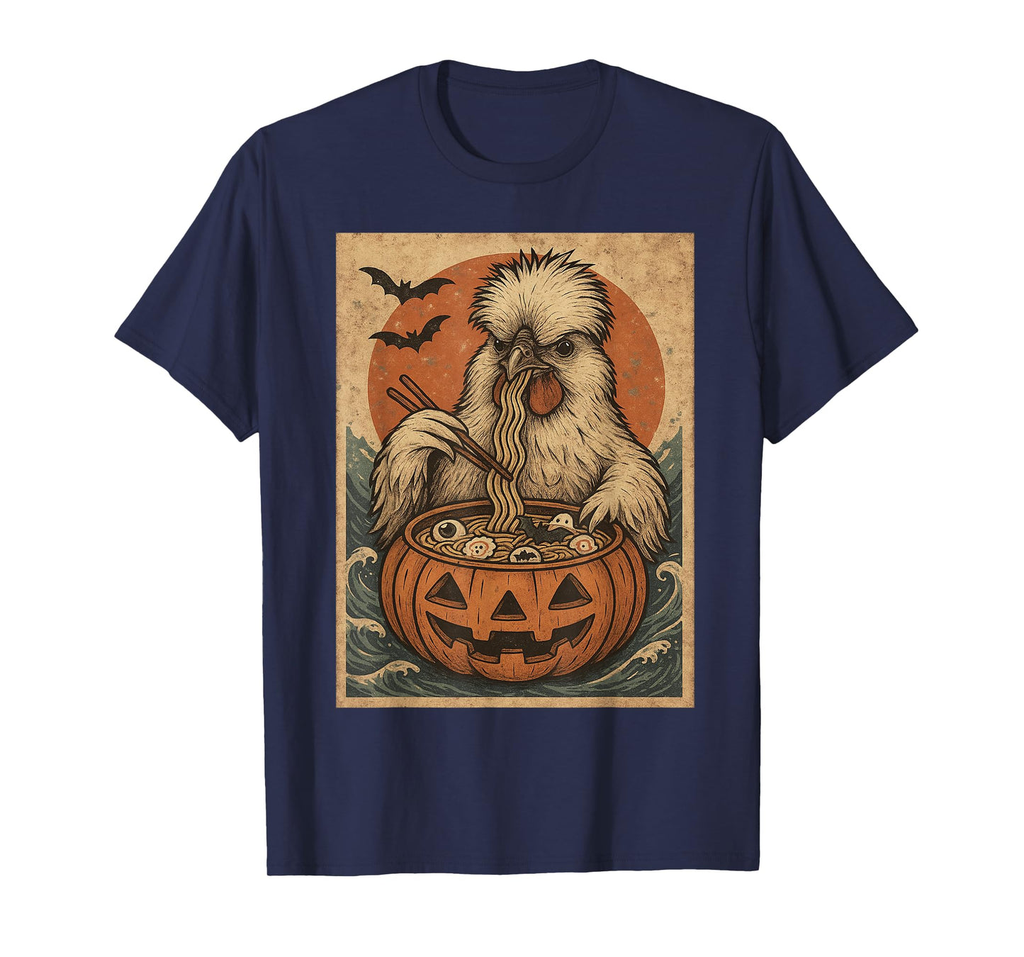 Funny Spooky Silkie Chicken Pumpkin Japanese Ramen Noodles T-Shirt