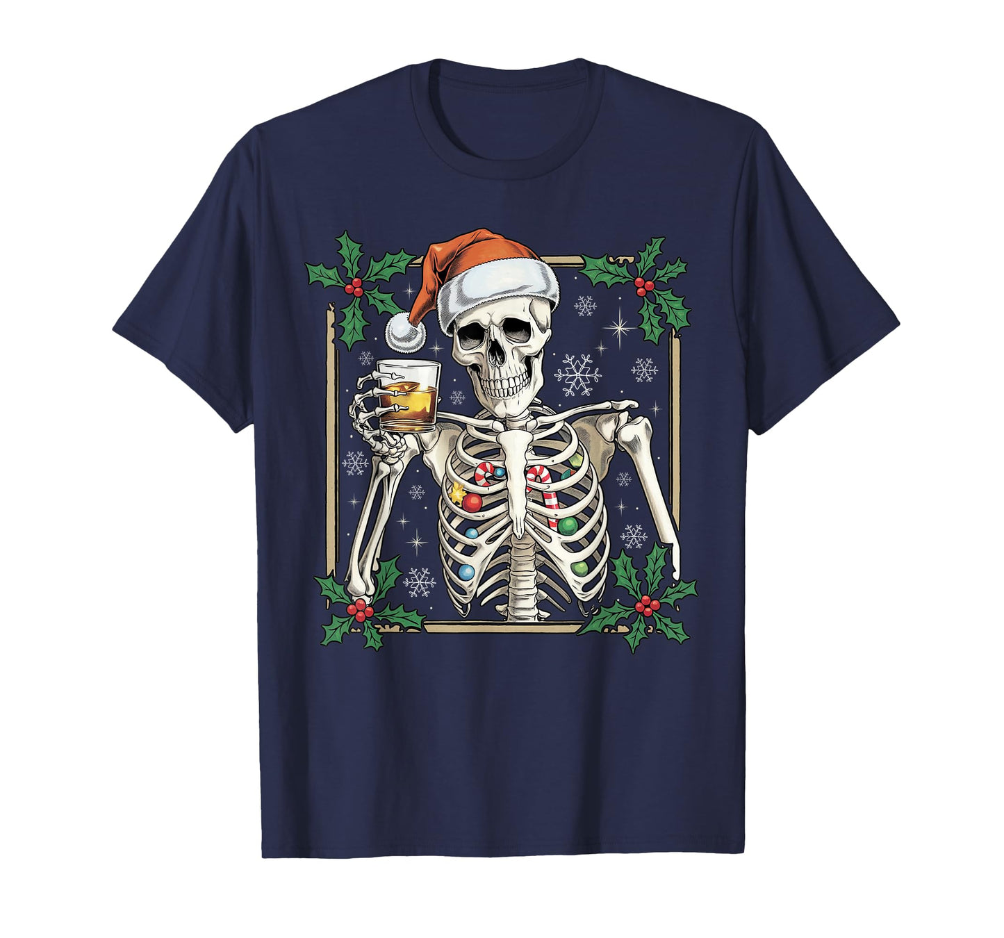 Funny Skeleton Santa Hat Drinking Bourbon Whiskey Christmas T-Shirt