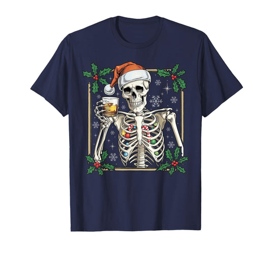 Funny Skeleton Santa Hat Drinking Bourbon Whiskey Christmas T-Shirt