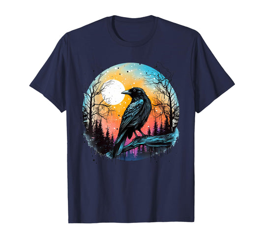 Vintage Raven Crow Forest Bird Graphic Art Design Print T-Shirt