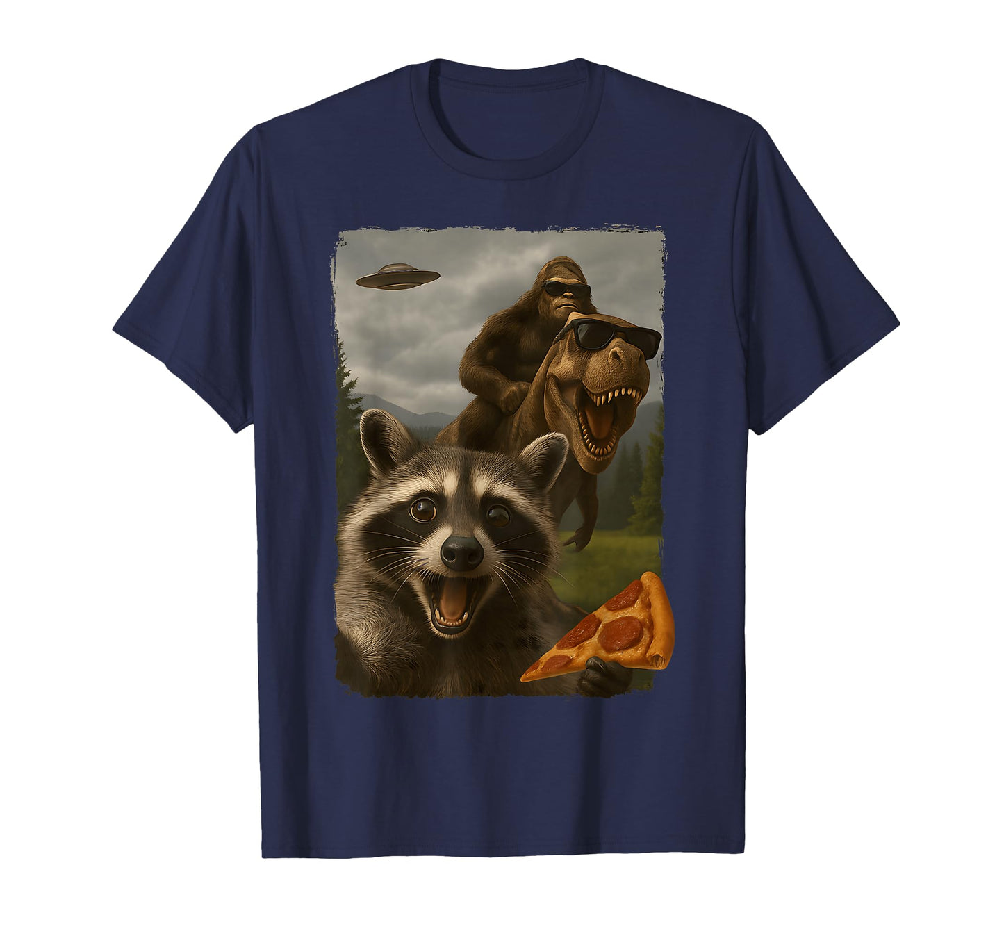 Funny Raccoon Selfie Bigfoot Sasquatch Riding T-Rex UFO T-Shirt