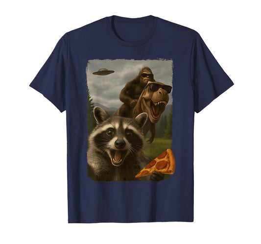 Funny Raccoon Selfie Bigfoot Sasquatch Riding T-Rex UFO T-Shirt