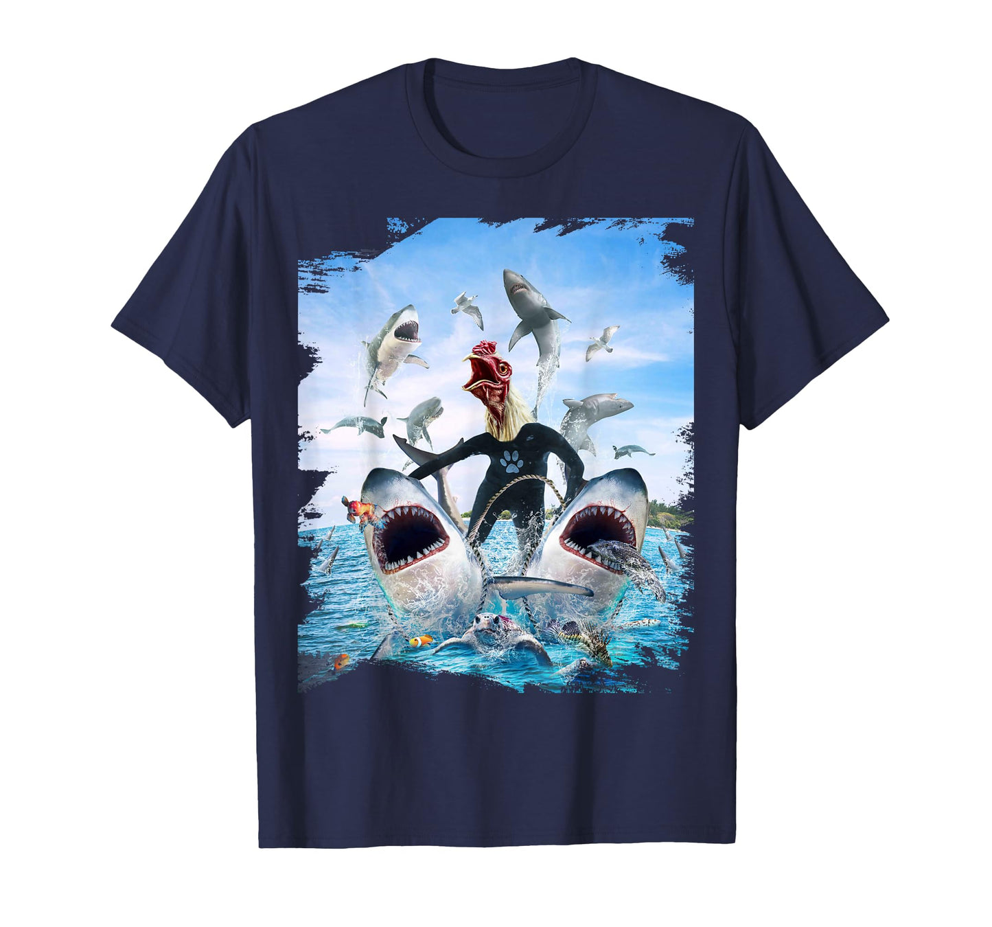Chicken Riding Shark Sharks At Beach Ocean Funny T-Shirt
