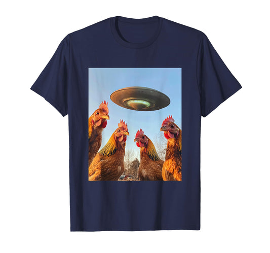 Chicken Selfie with UFOs Aliens Funny Graphic T-Shirt