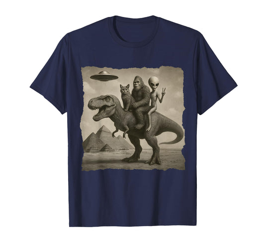 Funny Cat Alien and Bigfoot Riding Dinosaur T-Rex. UFO Lover T-Shirt