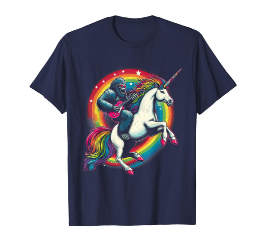 Funny Bigfoot Riding a Rainbow Unicorn T-Shirt
