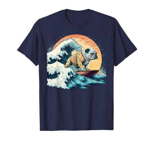 English Bulldog Surfing On the Great Wave of Kanagawa T-Shirt
