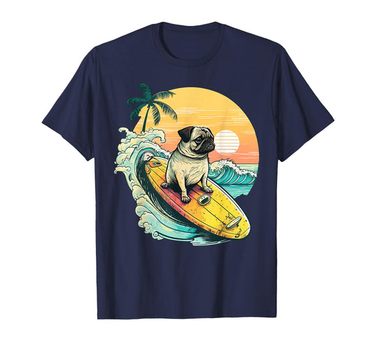 Funny Surfing Pug On Beach Pet Lover Vacation Summer T-Shirt