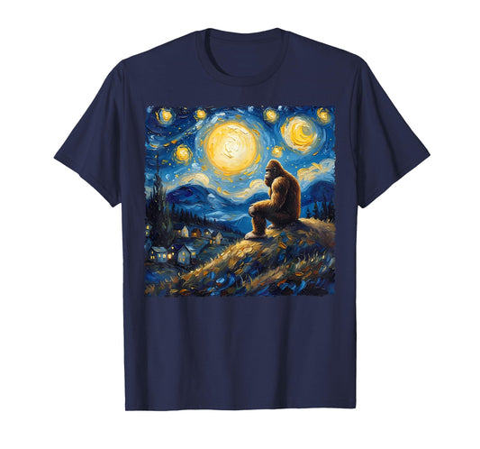 Van Gogh Style Funny Bigfoot Lover Starry Night Painting T-Shirt