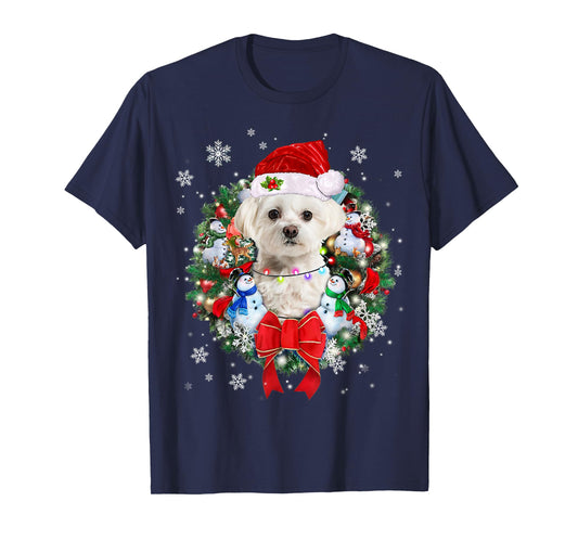 Maltese Christmas Wreath Decoration Xmas Pajamas T-Shirt