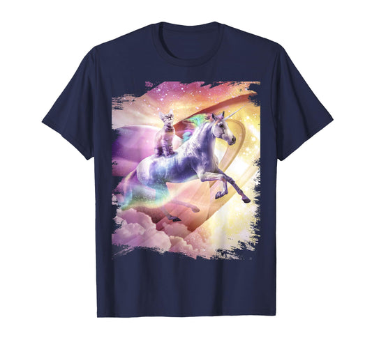 Rainbow Galaxy Cat Riding Unicorn in Space T-Shirt for Men Women Girls Kids