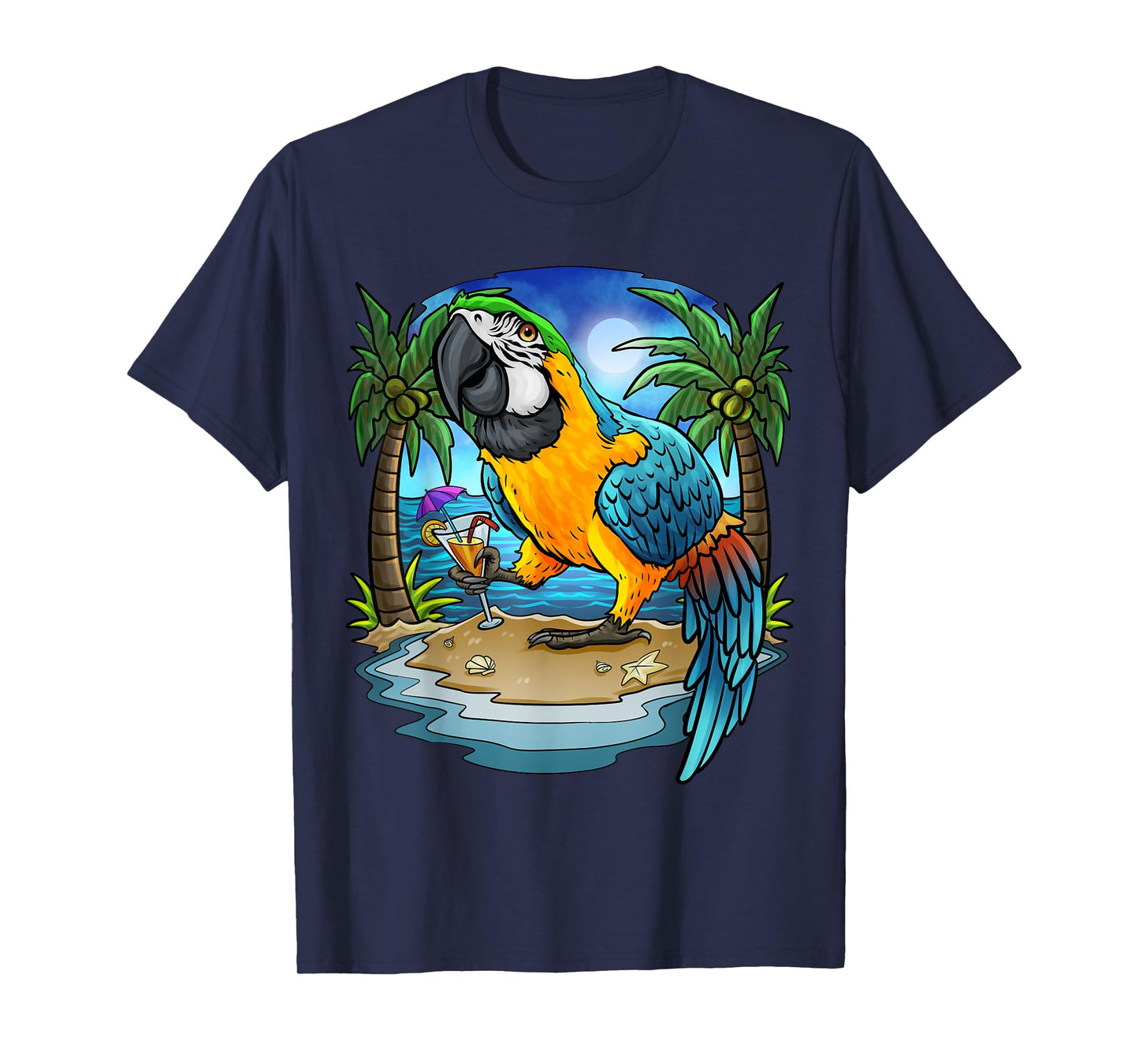 Blue and Gold Macaw Parrot Drinking Margaritas Vacation Bird T-Shirt