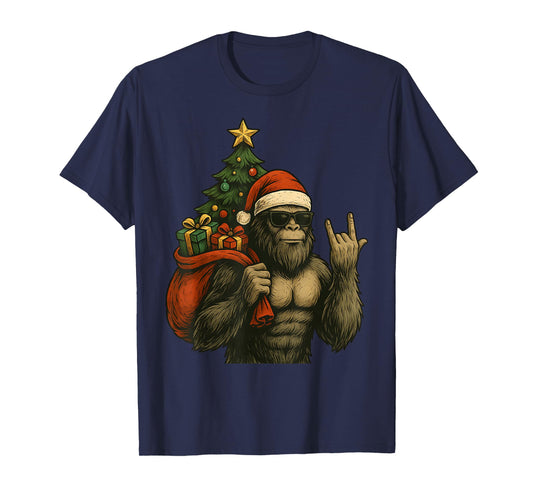 Bigfoot Santa Christmas Tree Rock On Funny Xmas Sasquatch T-Shirt