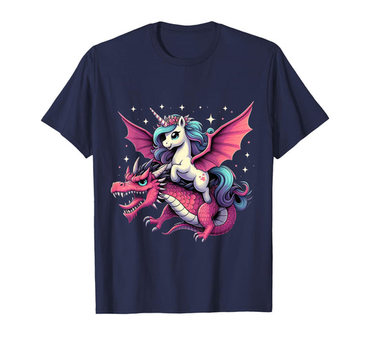 Unicorn Riding Dragon Boys Girls Women Kids Teens Rainbow T-Shirt