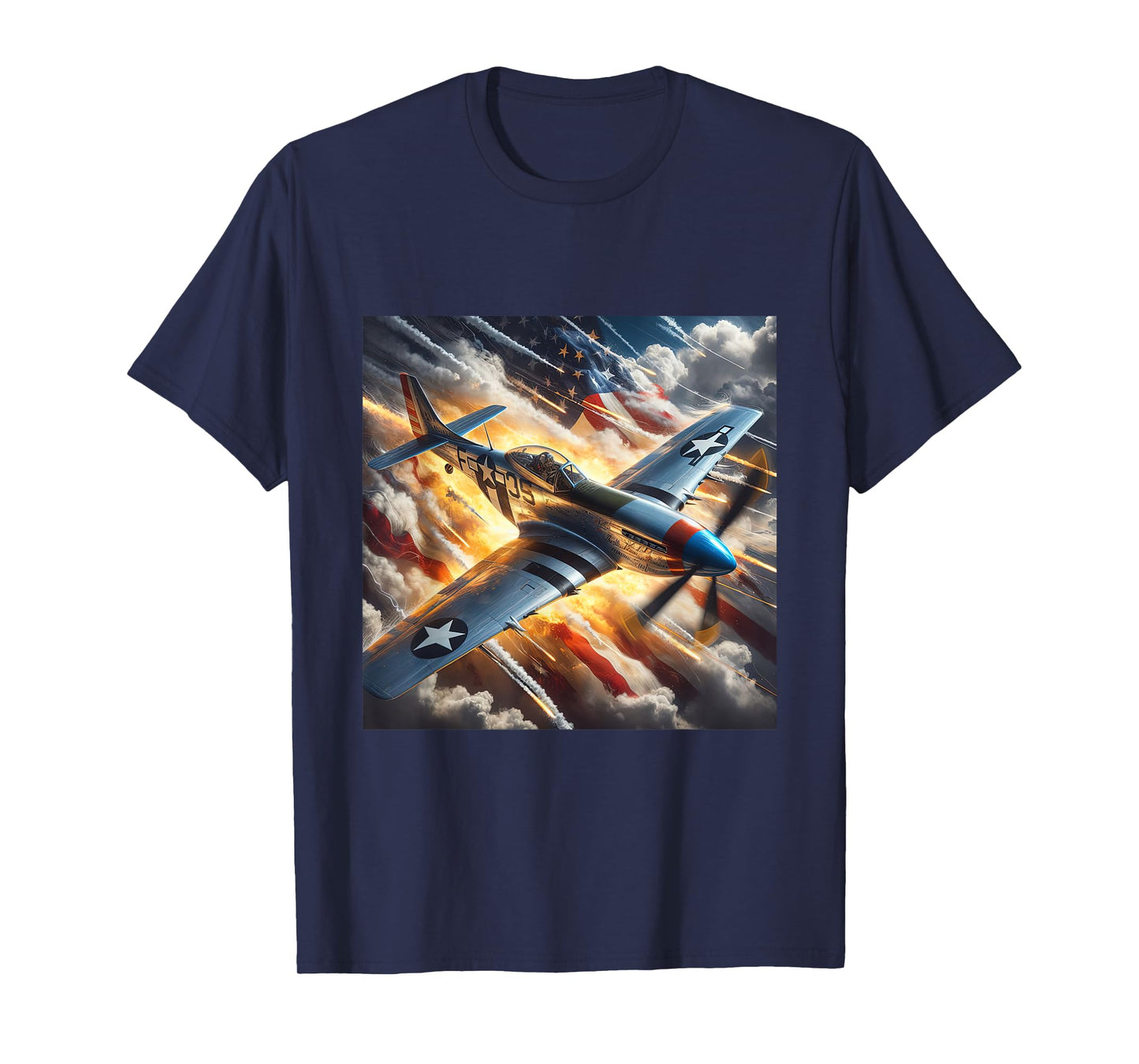 WWII Warbirds | P-51 Mustang in Dynamic Sky US Flag T-Shirt
