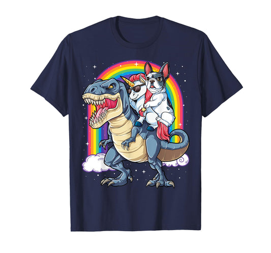 French Bulldog Unicorn Riding Dinosaur T rex Gifts Girls T-Shirt