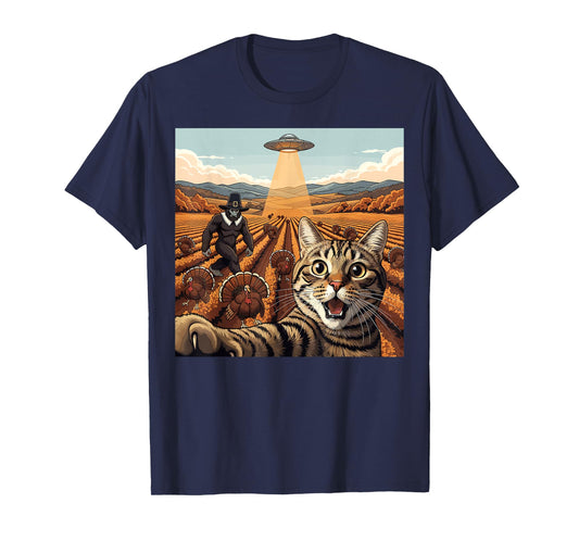 Thanksgiving Turkey Cat Selfie UFO Bigfoot Pilgrim T-Shirt